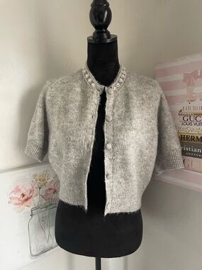 ZARA Women's Short-Sleeve Gray Beaded Collar Sweater Cardigan